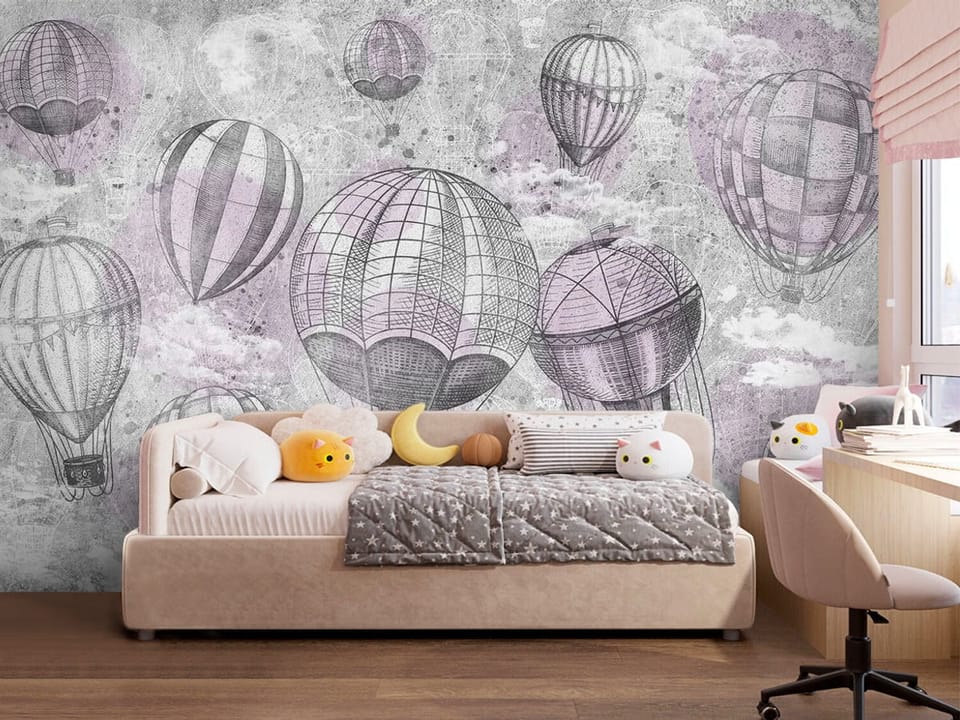 Fototapeta z balonami na ogrzane powietrze w pastelowych odcieniach - przytulny pokój dziecka ze ścianą akcentową