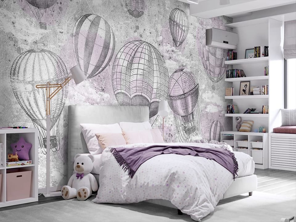 Fototapeta Balony na ogrzane powietrze w chmurach - aranżacja w pokoju nastolatka