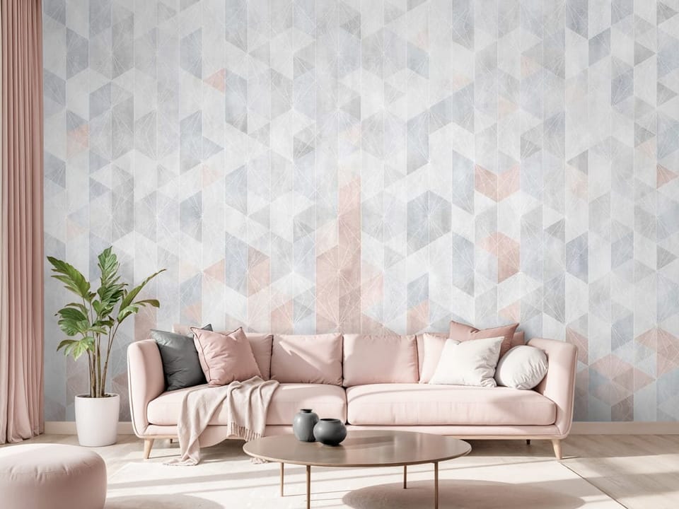 Fototapeta z geometrycznym wzorem trójkątów w różnych odcieniach - salon w różowych kolorach