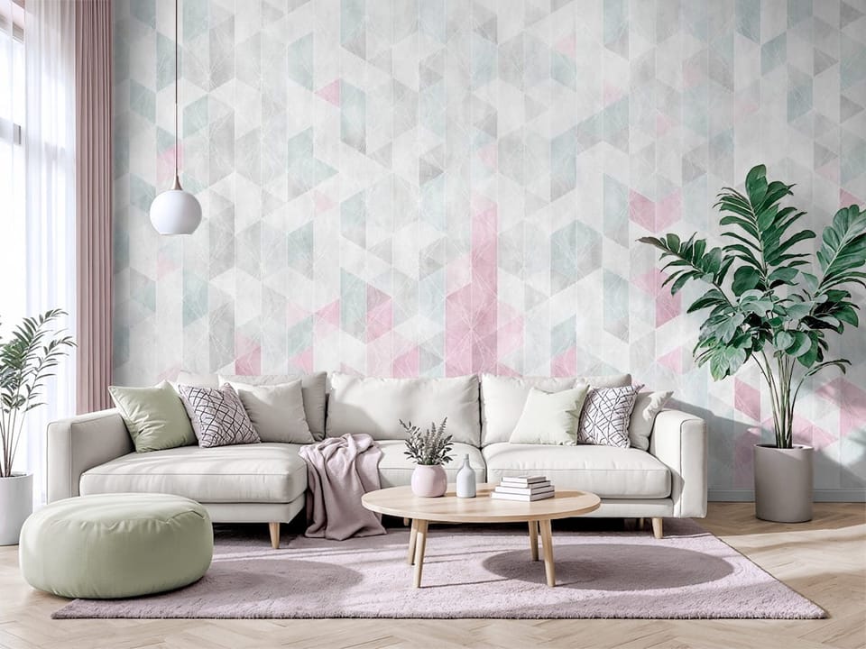Fototapeta z geometrycznym wzorem trójkątów w pastelowych kolorach - salon w jasnych barwach z modnym akcentem