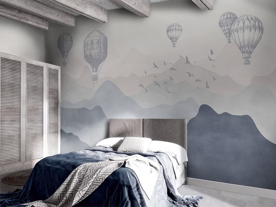 Fototapeta Balony nad górskimi pasmami - aranżacja w sypialni