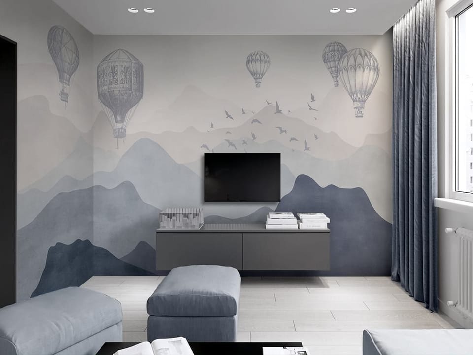 Fototapeta Balony nad górskimi pasmami - aranżacja w salonie