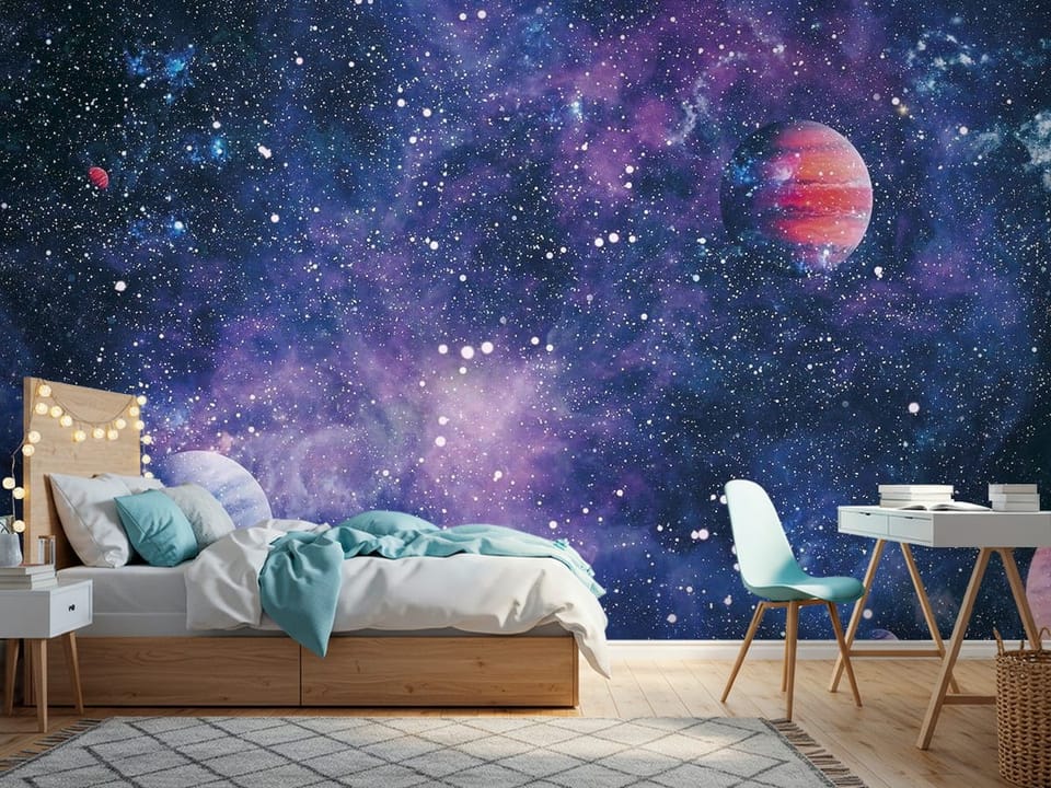 Fototapeta z planetami, mgławicą i gwiazdami na ciemnym tle - jasny pokój nastolatka