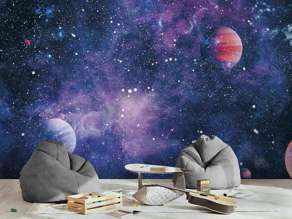 Fototapeta z planetami, mgławicą i gwiazdami na ciemnym tle - inspiracja do pokoju nastolatka