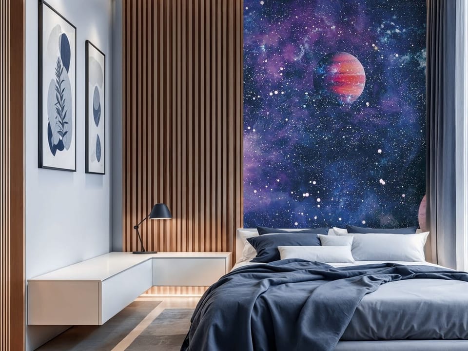 Fototapeta z planetami, mgławicą i gwiazdami na ciemnym tle - nowoczesna inspiracja do sypialni