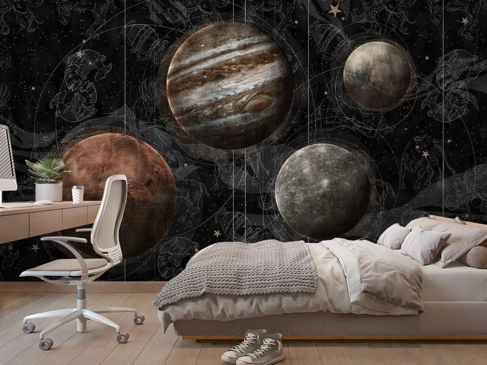 Fototapeta z czterema planetami na tle gwiazd i konstelacji - aranżacja dużego pokoju nastolatka