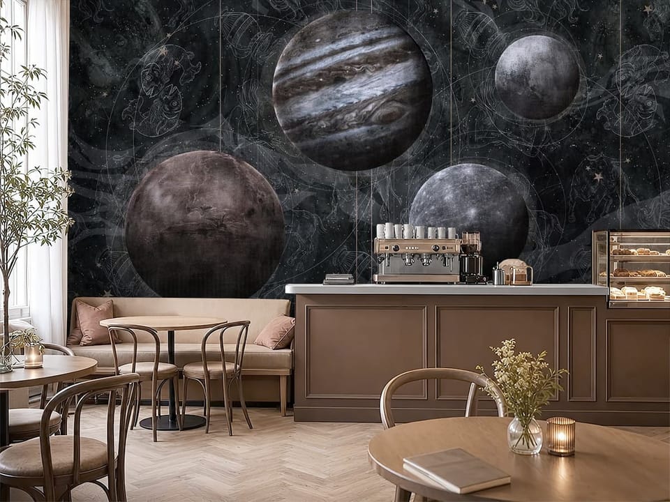 Fototapeta z czterema planetami na ciemnym tle z gwiazdami - aranżacja kawiarni w brązowych kolorach