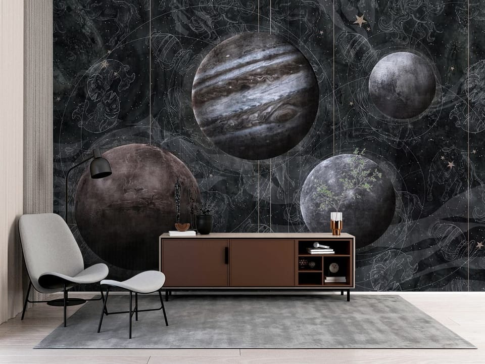 Fototapeta z czterema planetami na ciemnym tle z gwiazdami - pomysłowe wykończenie ściany w jasnym przedpokoju