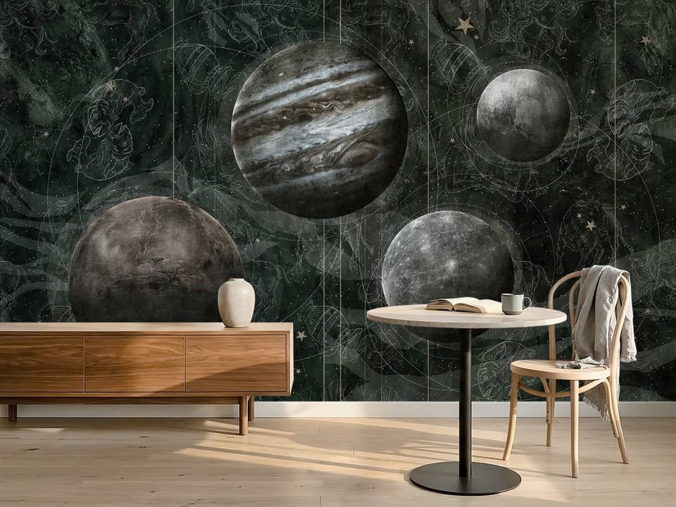Fototapeta z czterema planetami na tle gwiazd i konstelacji - kompozycja ściany z minimalistycznym wnętrzem kawiarni