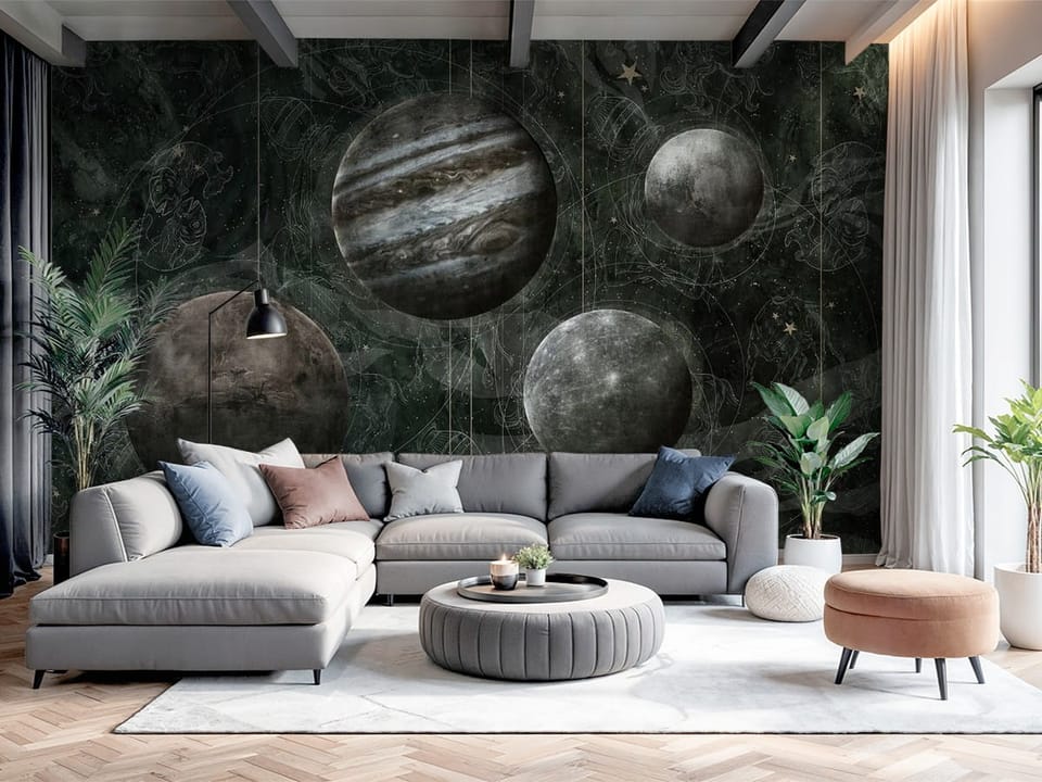 Fototapeta z czterema planetami na tle gwiazd i konstelacji - nowoczesny salon z dużą przestrzenią