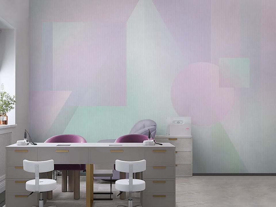 Fototapeta z geometrycznymi kształtami w pastelowych odcieniach różu i błękitu - aranżacja ściany w biurze