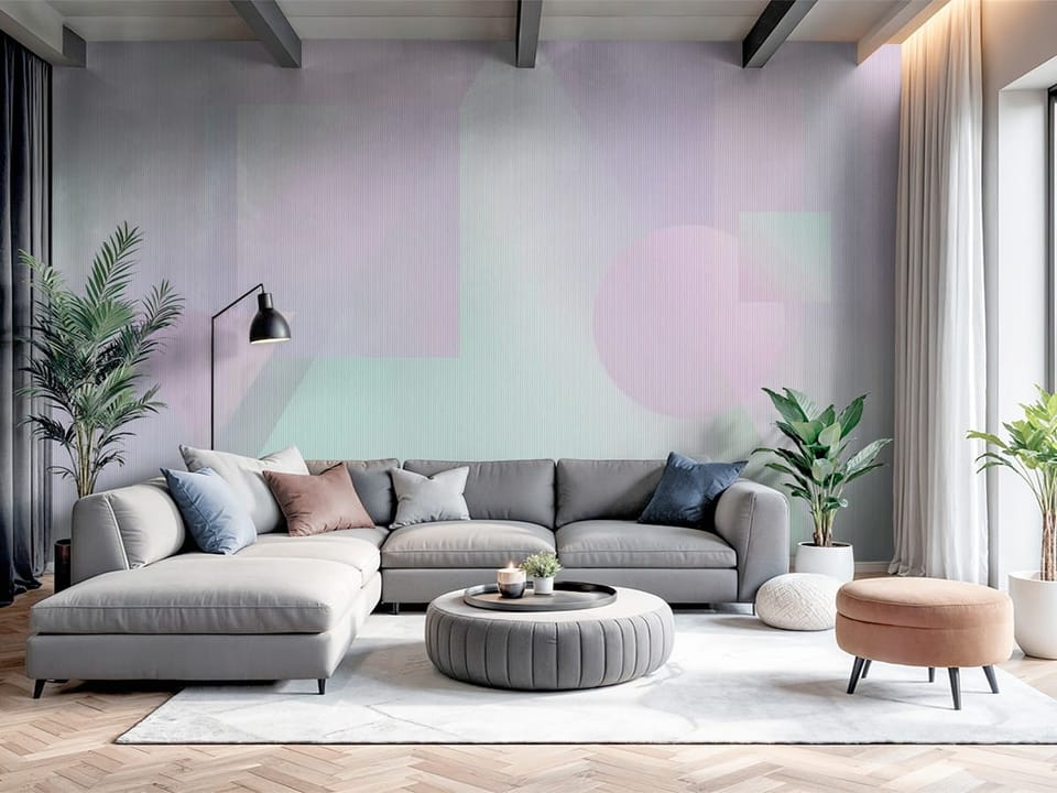 Fototapeta z geometrycznymi kształtami w pastelowych odcieniach różu i błękitu - nowoczesny salon z dużą przestrzenią