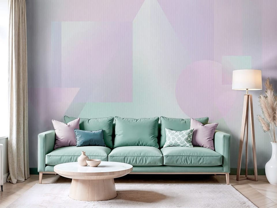 Fototapeta z geometrycznymi kształtami w pastelowych odcieniach różu i błękitu - salon z modnym akcentem