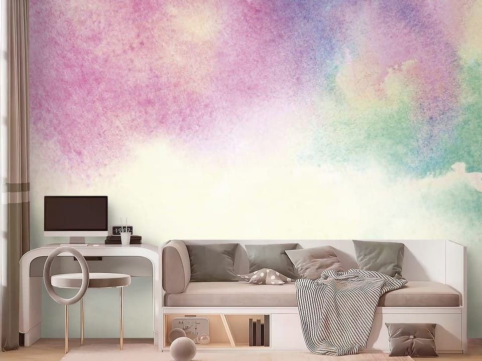 Fototapeta z abstrakcyjnymi plamami akwareli w pastelowych odcieniach - nowoczesny pokój nastolatka