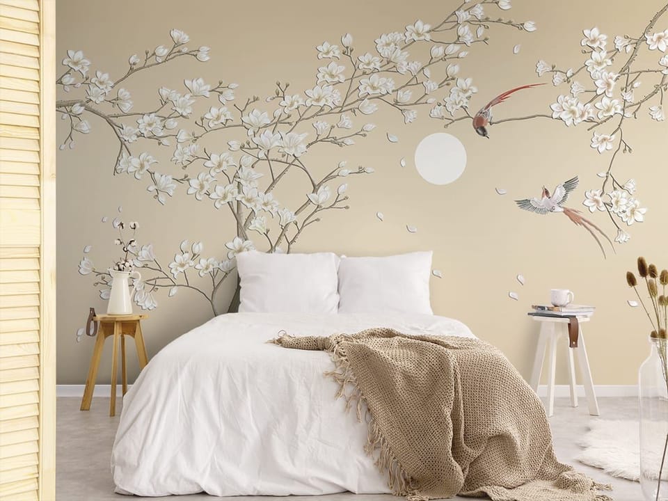 Fototapeta Gałęzie Magnolii i Księżyc - aranżacja w sypialni