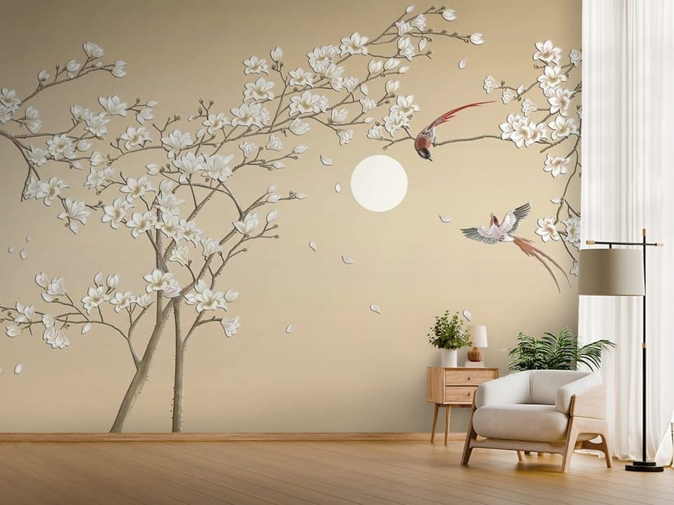 Fototapeta z gałęziami magnolii na tle księżyca i spadających płatków - jasny przedpokój w stylu minimalistycznym