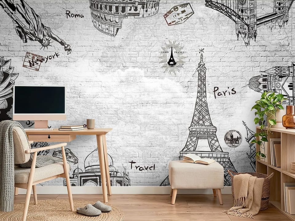 Fototapeta z ikonami architektonicznymi na tle mapy świata - ściana w minimalistycznym pokoju nastolatka