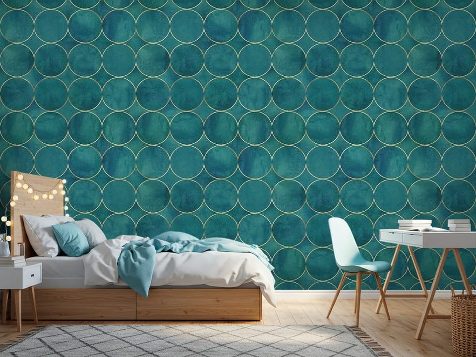 Fototapeta z regularnym wzorem niebieskich okręgów na tle w odcieniach niebieskiego - jasny pokój nastolatka