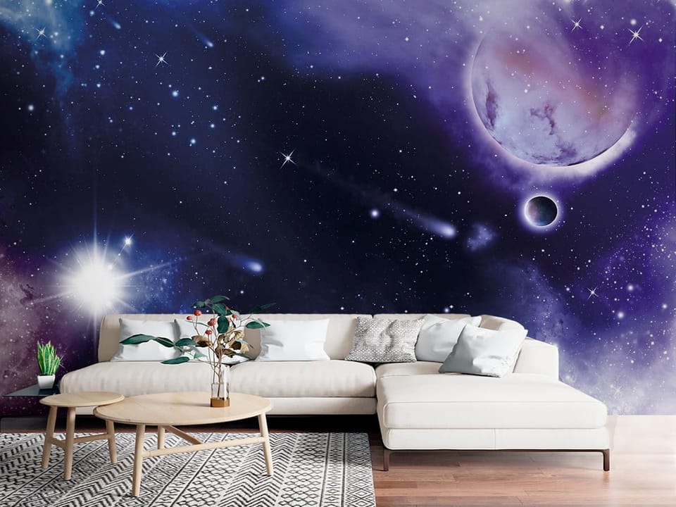 Fototapeta z dużą planetą i mniejszą planetą na tle gwiazd - nowoczesna strefa chillout w salonie
