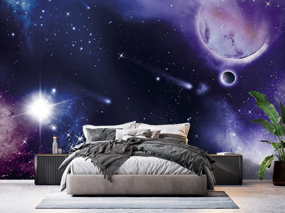 Fototapeta z dużą planetą i mniejszą planetą na tle gwiazd - ściana w eleganskiej sypialni