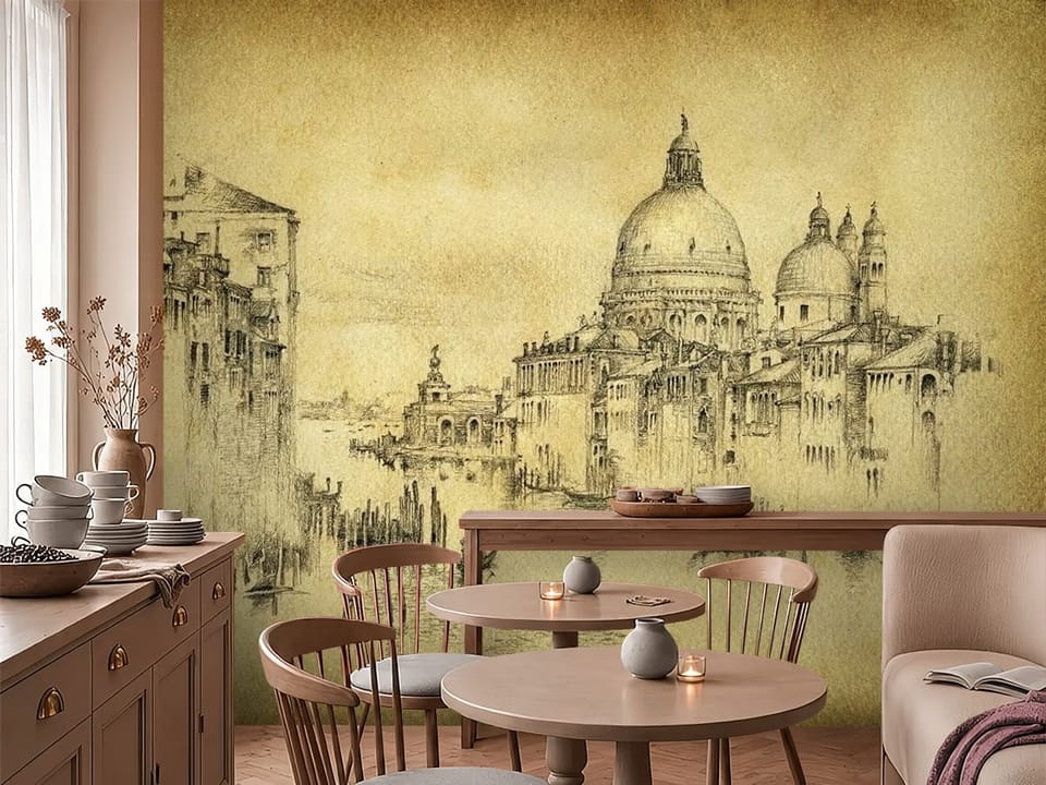 Fototapeta z architekturą Wenecji, kanałem, kopułą i łodziami - inspiracja do przytulnej kawiarni