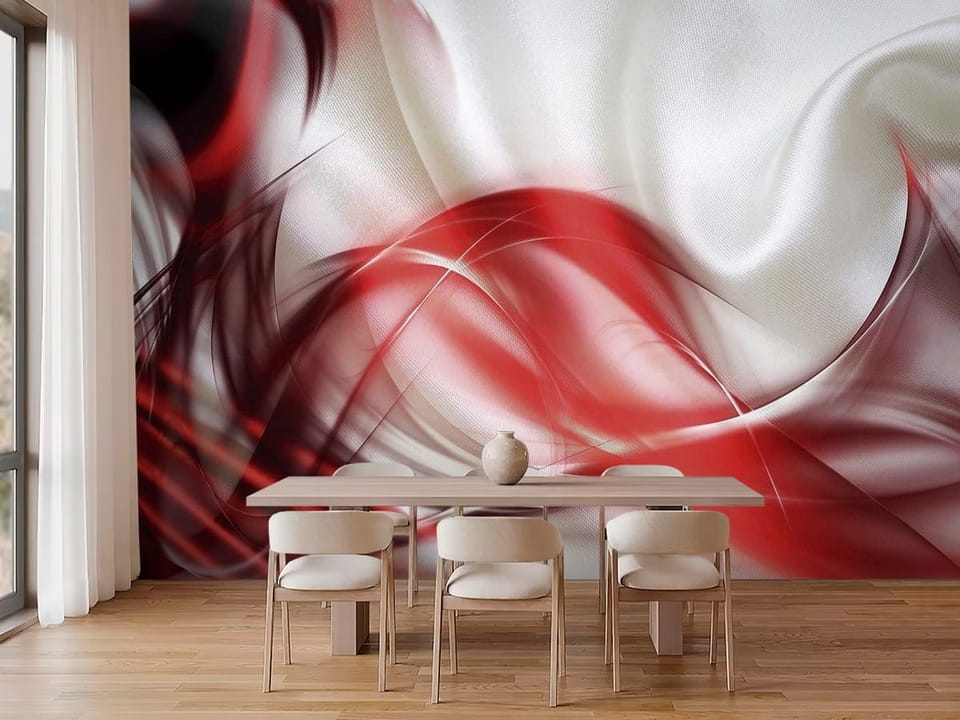 Fototapeta z abstrakcyjnymi falami i liniami na białym tle - strefa jadalniana w kuchni w kremowych kolorach