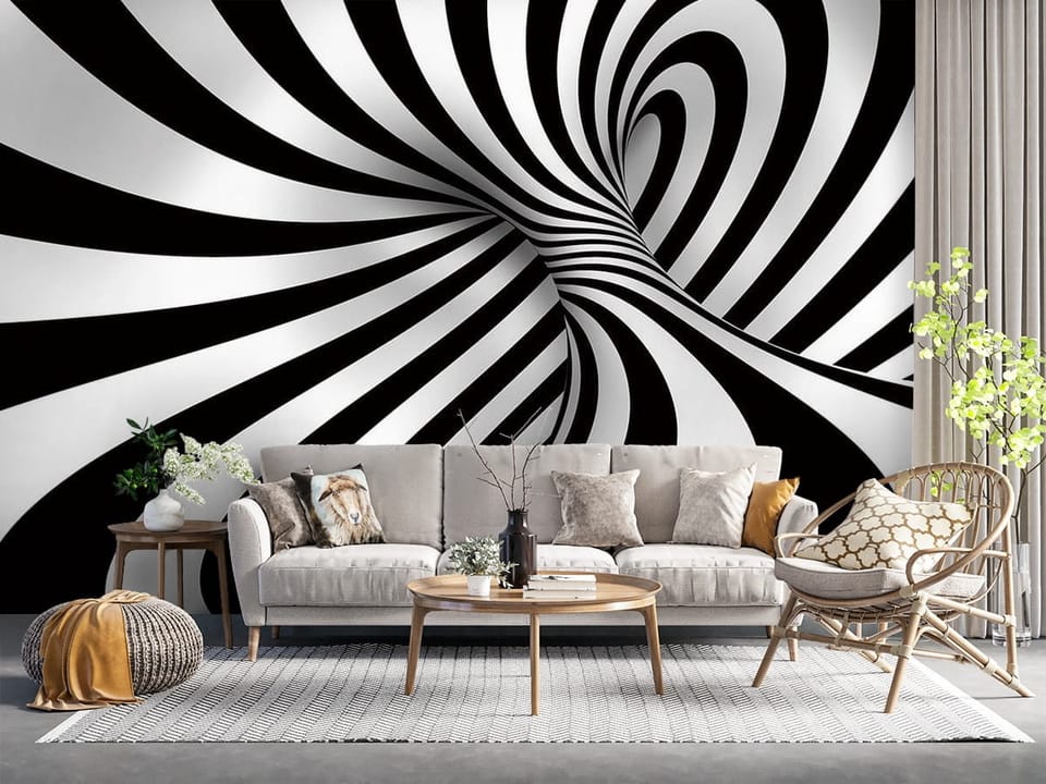 Fototapeta z czarno-białymi spiralnymi wzorami i trójwymiarowym efektem - salon z naturalnymi dodatkami