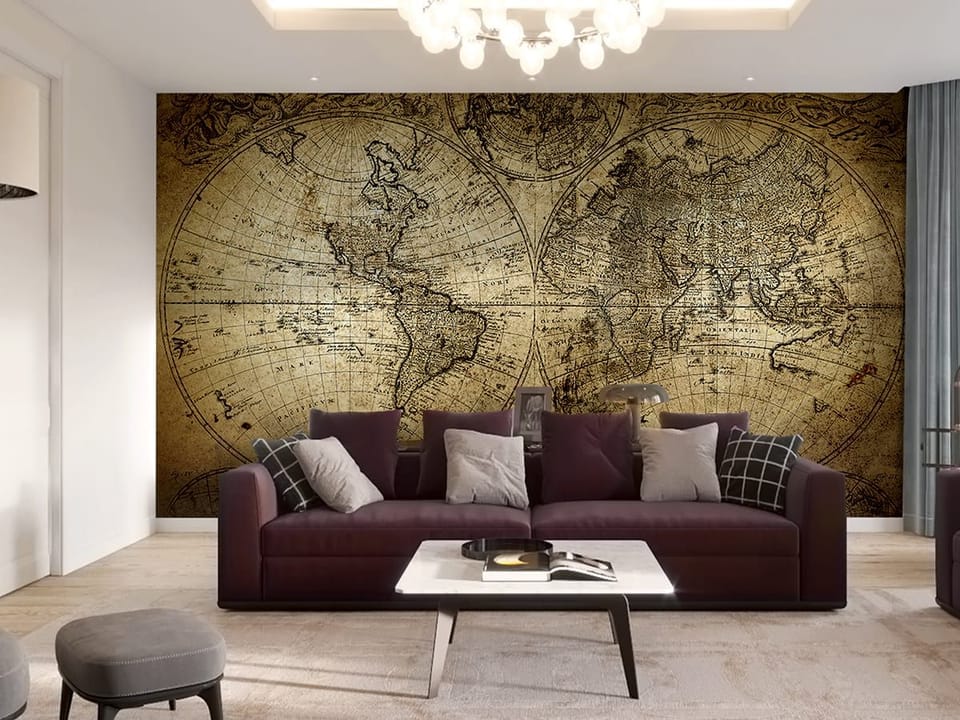Fototapeta Stara Mapa Świata z Kontynentami - aranżacja w salonie