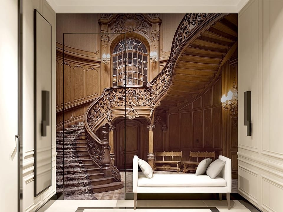 Fototapeta Eleganckie drewniane schody z balustradą - aranżacja w przedpokoju