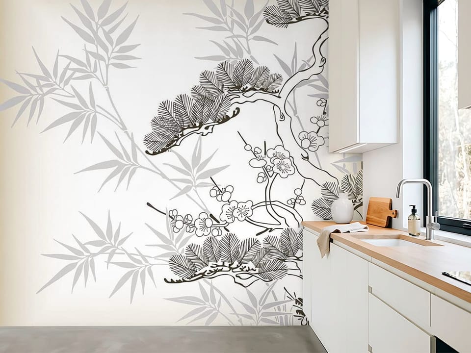 Fototapeta z drzewem bonsai, kwiatami i liśćmi bambusa na jasnym tle - aranżacja nasłonecznionej kuchni