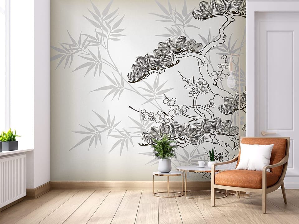 Fototapeta Bonsai z Kwiatami i Bambusem - aranżacja w salonie