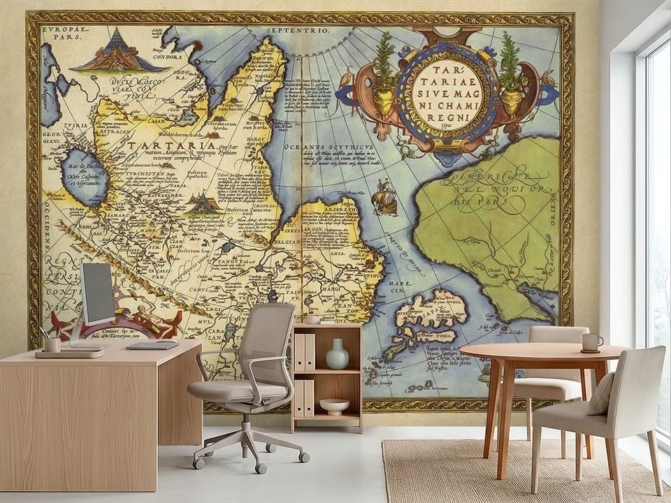 Fototapeta z starą mapą geograficzną i ozdobną ramką - inspiracja do biura w jasnych kolorach