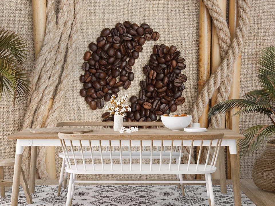 Fototapeta Ziarna kawy na jasnej tkaninie we wnętrzu kuchni