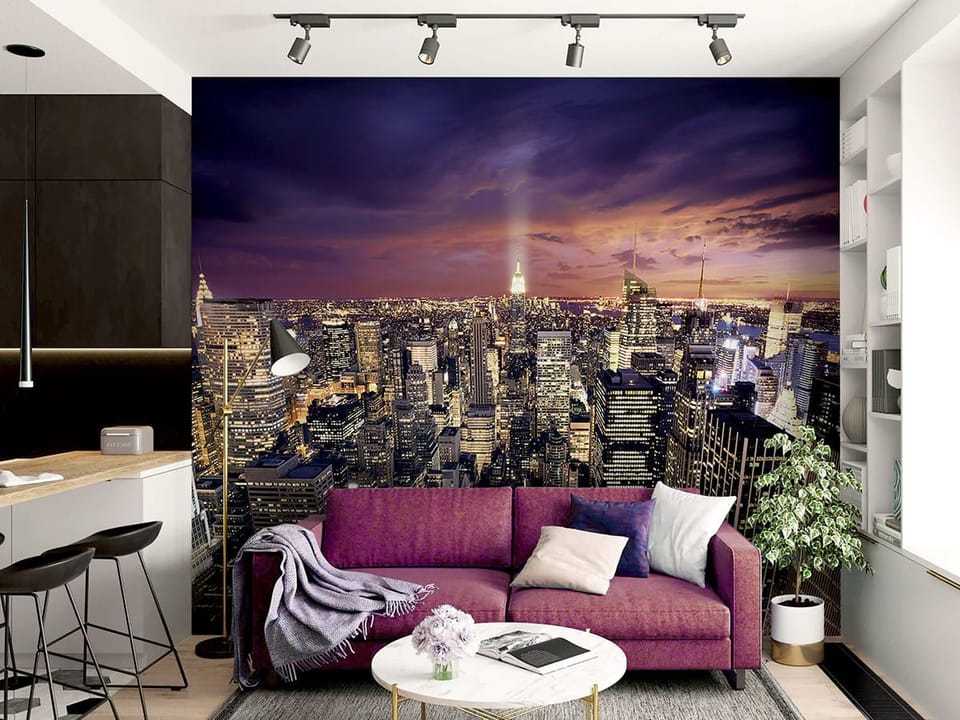 Fototapeta Nocna Panorama Miasta z Wieżowcami - aranżacja w salonie
