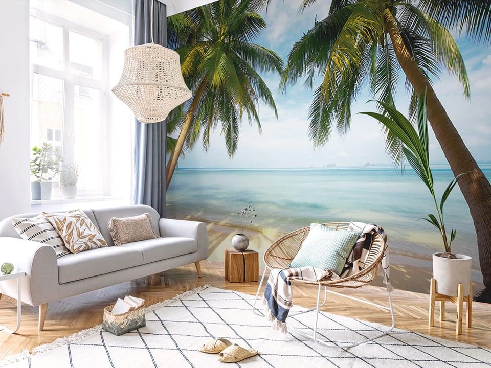 Fototapeta Palmy nad piaszczystą plażą - aranżacja w salonie