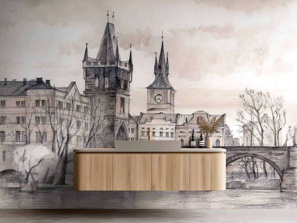 Fototapeta z kamiennym mostem, wieżą z zegarem i budynkami - aranżacja za minimalistyczną umywalką w łazience