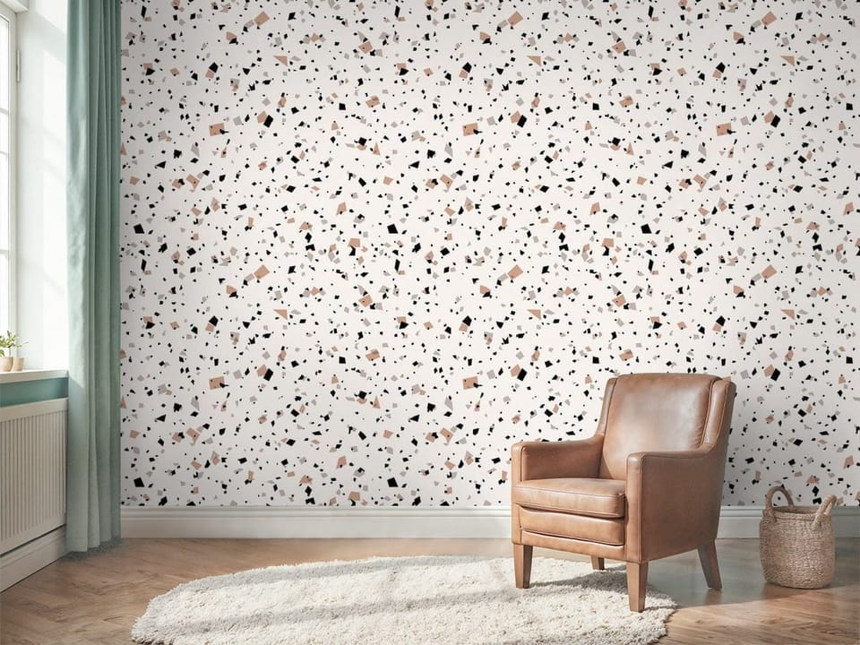 Fototapeta z wzorem terrazzo, czarne i brązowe elementy na jasnym tle - aranżacja przedpokoju