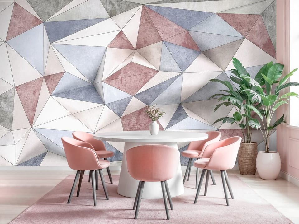 Fototapeta z geometrycznymi wzorami z trójkątów w różnych kolorach - kuchnia w różowych kolorach