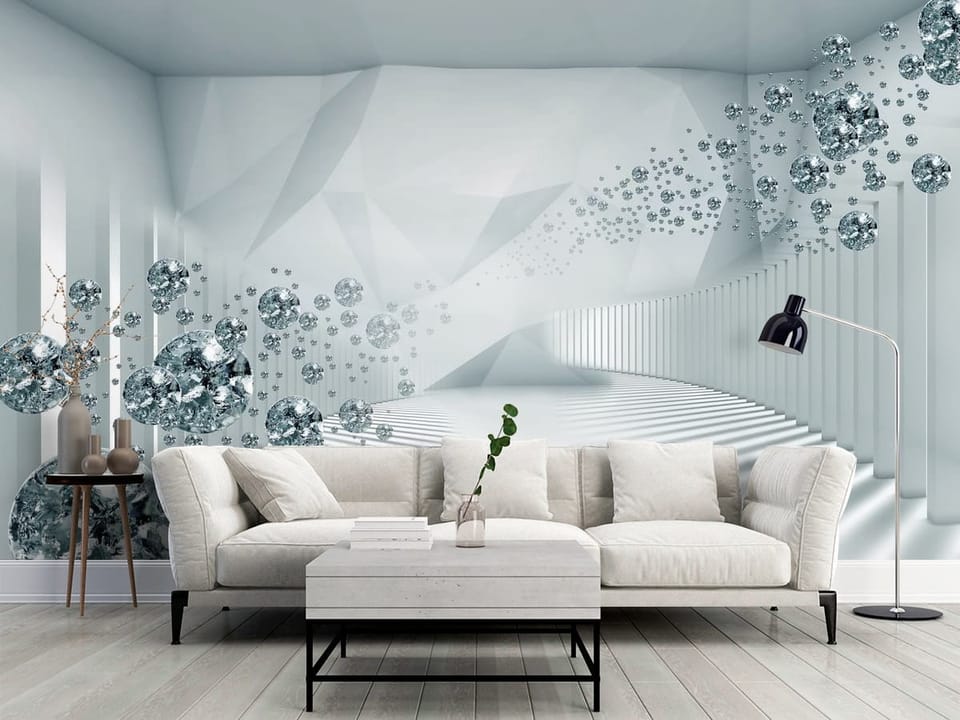 Fototapeta z diamentowymi kulami w futurystycznym tunelu 3D - klasyczny salon w szarych kolorach