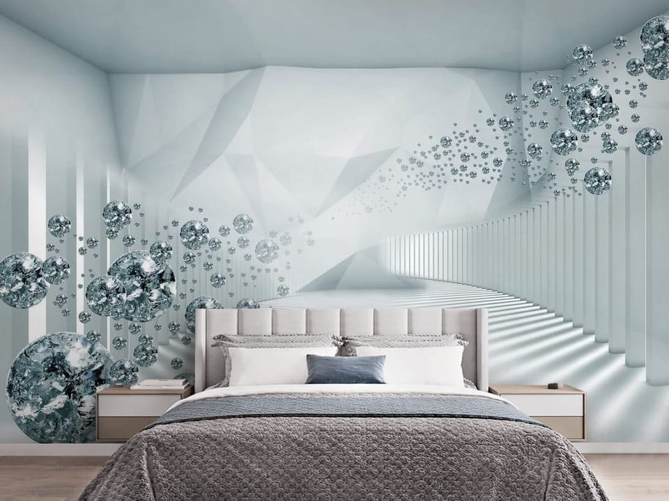 Fototapeta z diamentowymi kulami w futurystycznym tunelu 3D - aranżacja w przytulnej sypialni