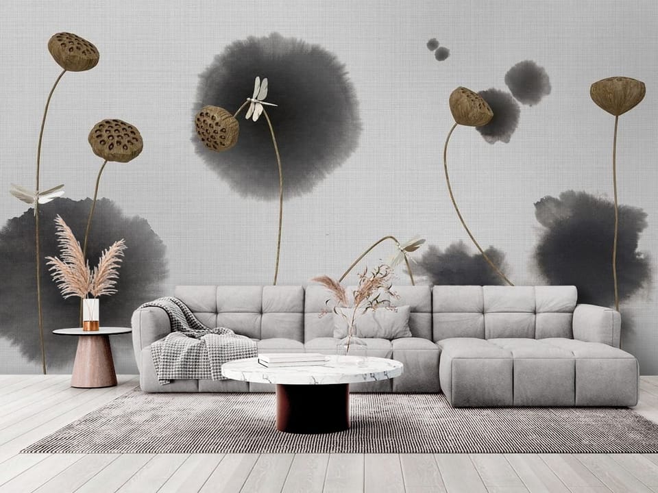 Fototapeta z suchą roślinnością i owocostanami na jasnym tle - elegancki salon w stylu minimalistycznym