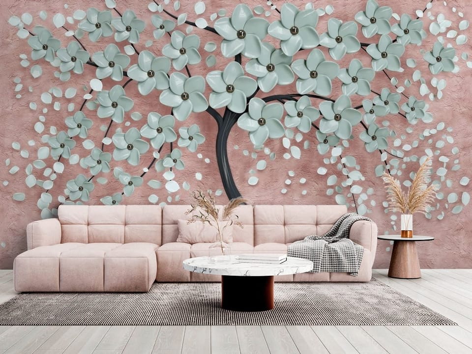 Fototapeta z drzewem i jasnoniebieskimi kwiatami na różowym tle - salon w jasnych kolorach