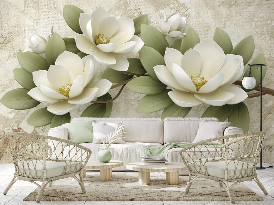 Fototapeta Białe Magnolie na Gałęzi - aranżacja w salonie