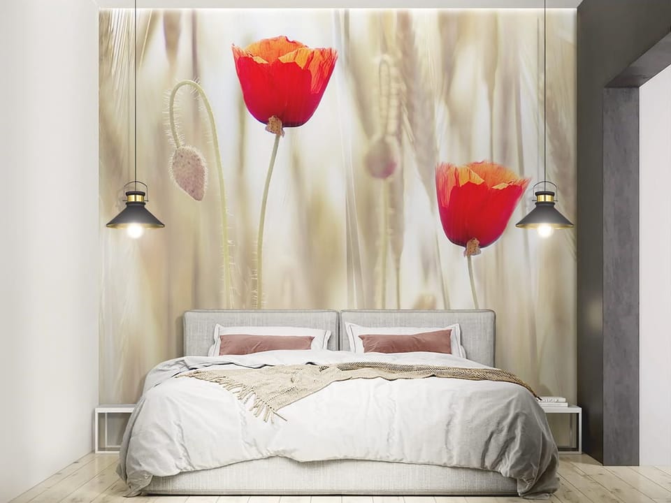 Fototapeta Czerwone maki na tle zboża we wnętrzu sypialni