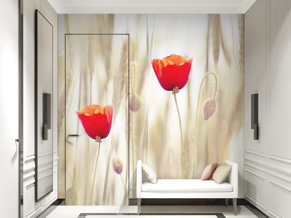 Fototapeta Czerwone maki na tle zboża we wnętrzu przedpokoju