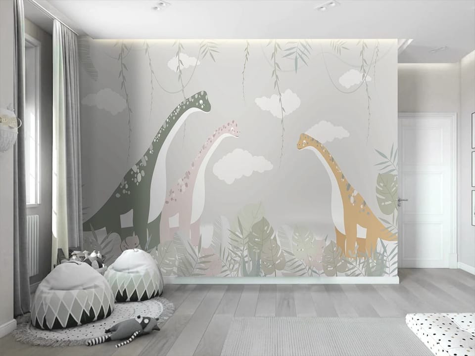 Fototapeta Kolorowe dinozaury na łące - aranżacja w pokoju dziecka