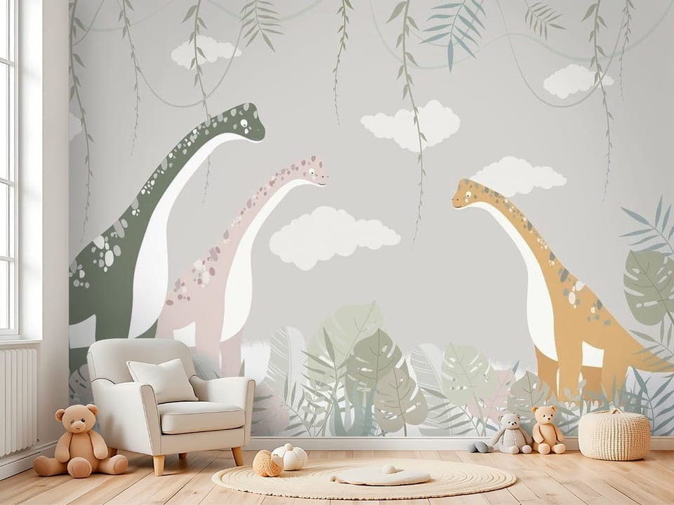 Fototapeta z trzema kolorowymi dinozaurami na łące z roślinami i chmurami - kreatywna przestrzeń do zabawy w pokoju dziecka