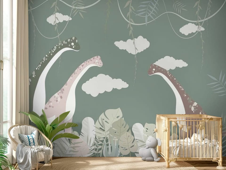 Fototapeta z trzema dinozaurami na tle roślin i chmur - przytulny pokój dziecięcy