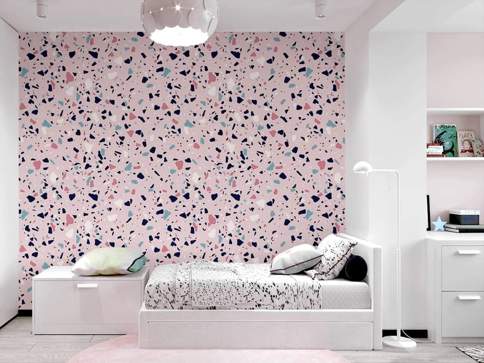 Fototapeta Kolorowe terrazzo na różowym tle - aranżacja w pokoju nastolatka