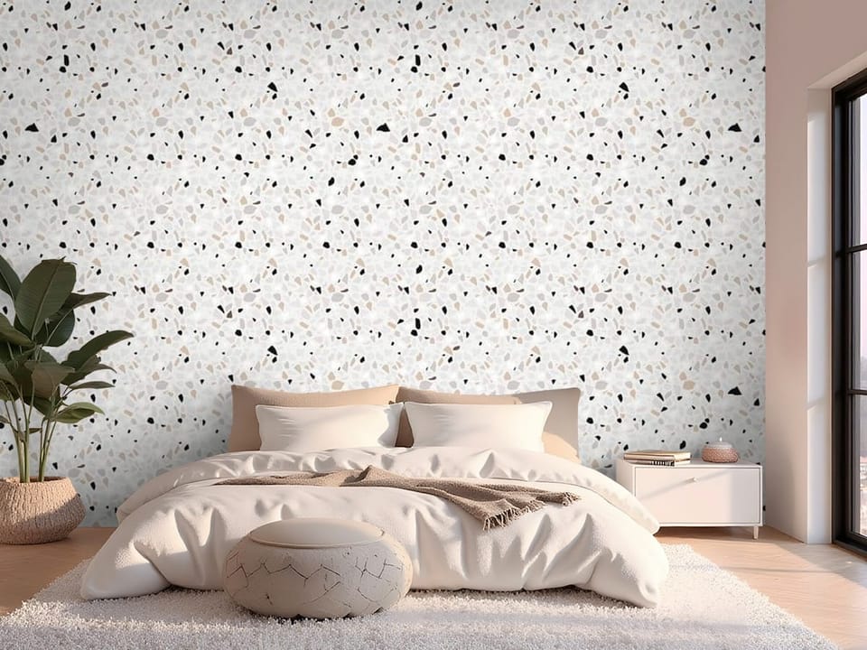 Fototapeta z wzorem terrazzo, drobne kamienie, jasne tło - ściana w nowoczesnej sypialni